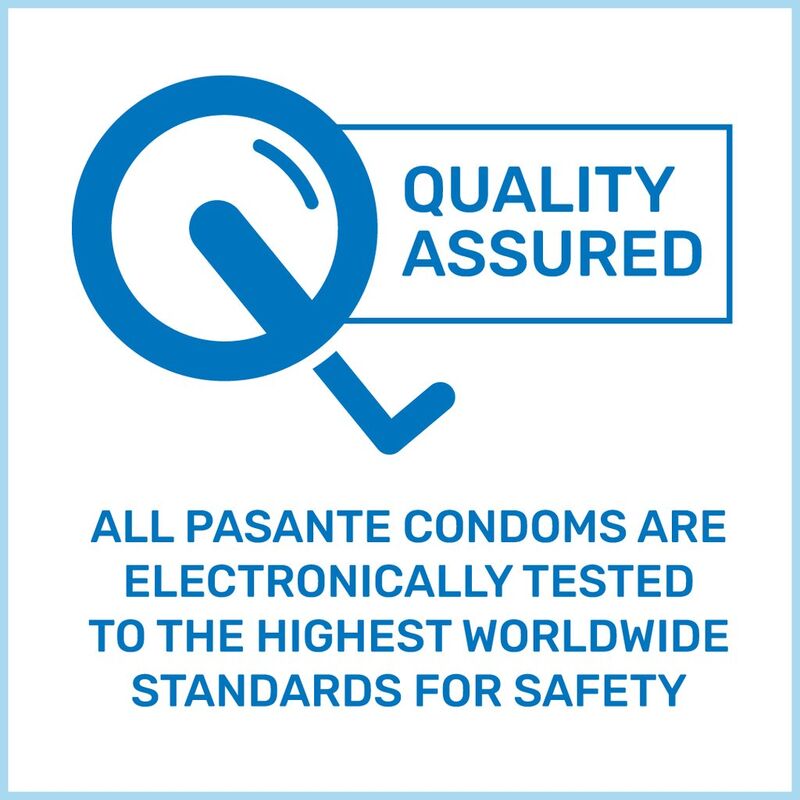 Embalagem dos preservativos PASANTE Sabores Variados 12 Unidades com destaque para os sabores e a marca.