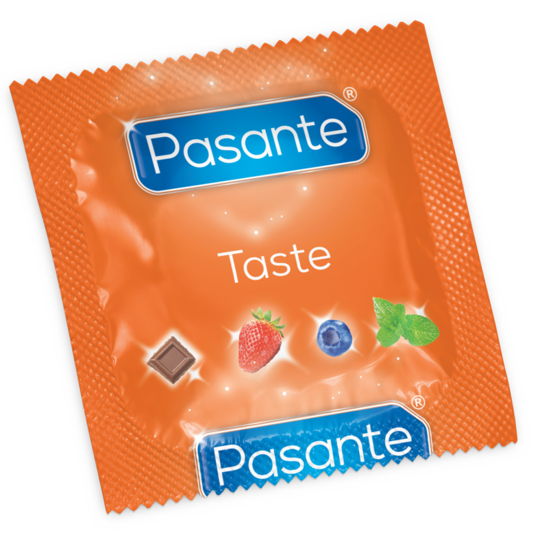 Embalagem dos preservativos PASANTE Sabores Variados 12 Unidades com destaque para os sabores e a marca.