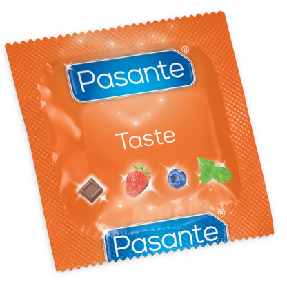 Embalagem dos preservativos PASANTE Sabores Variados 12 Unidades com destaque para os sabores e a marca.