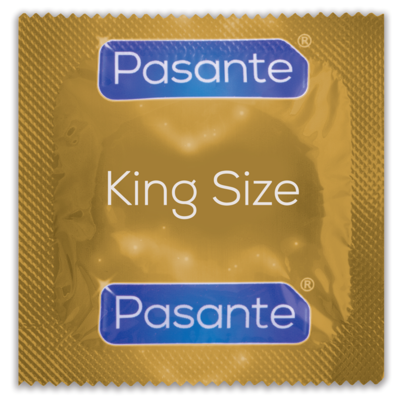 Close-up dos Preservativos PASANTE King Size, mostrando a embalagem e o material.