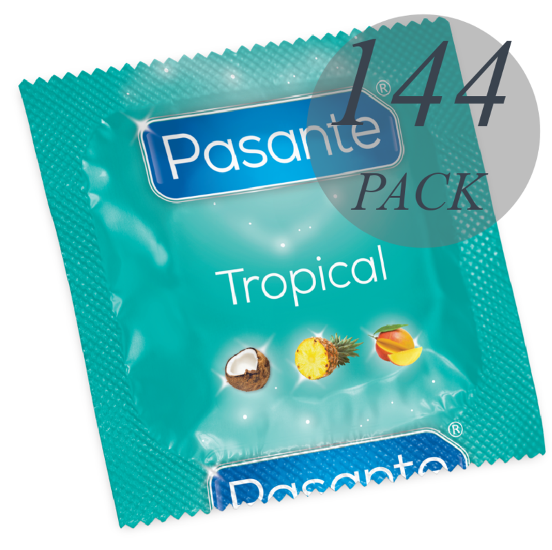 Close-up of the 'PASANTE Preservativos Sabores Tropicais 144 Unidades' showing the packaging and different fruit flavors.