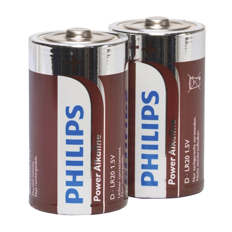 Pilhas Alcalinas PHILIPS Tipo D LR20 em blister de 2 unidades, mostrando detalhes da embalagem e do produto para energia duradoura.