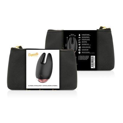 Coquette Chic Desire Estimulador Clitoriano Recarregável Preto/Ouro com 10 Vibrações, exibindo seu design elegante e material de silicone.