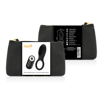 COQUETTE CHIC DESIRE Anel Peniano Vibratório com Controle Remoto Recarregável Preto/Ouro e sua bolsa de luxo.