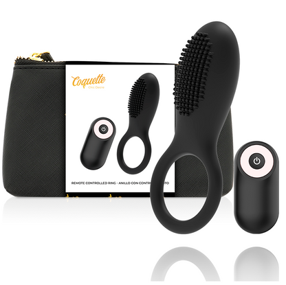 COQUETTE CHIC DESIRE Anel Peniano Vibratório com Controle Remoto Recarregável Preto/Ouro e sua bolsa de luxo.