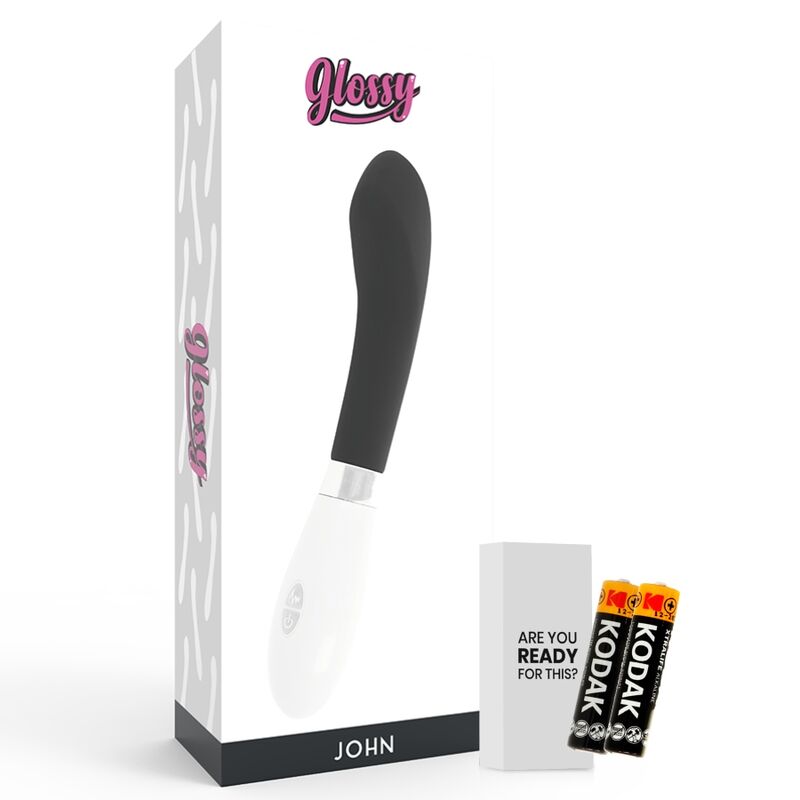 Vibrador GLOSSY John Curvo Preto com 10 funções, feito em silicone macio e à prova de água.