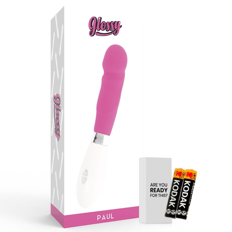 Close-up of the GLOSSY Vibrador Paul Rosa showing its realistic design and smooth, pink silicone texture.