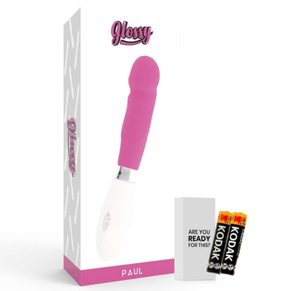 Close-up of the GLOSSY Vibrador Paul Rosa showing its realistic design and smooth, pink silicone texture.