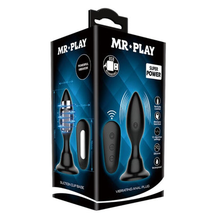 MR PLAY Plug Anal Vibratório com Controle Remoto, mostrando seu design ergonômico e acabamento em silicone preto.