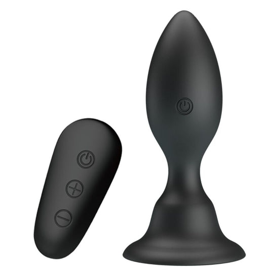 MR PLAY Plug Anal Vibratório com Controle Remoto, mostrando seu design ergonômico e acabamento em silicone preto.