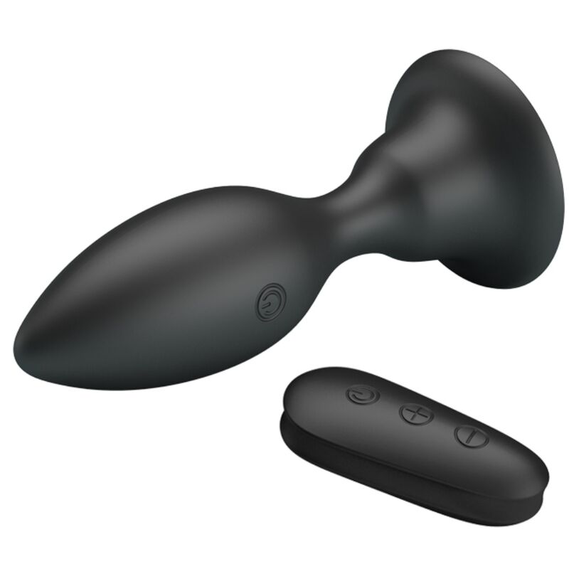 MR PLAY Plug Anal Vibratório com Controle Remoto, mostrando seu design ergonômico e acabamento em silicone preto.