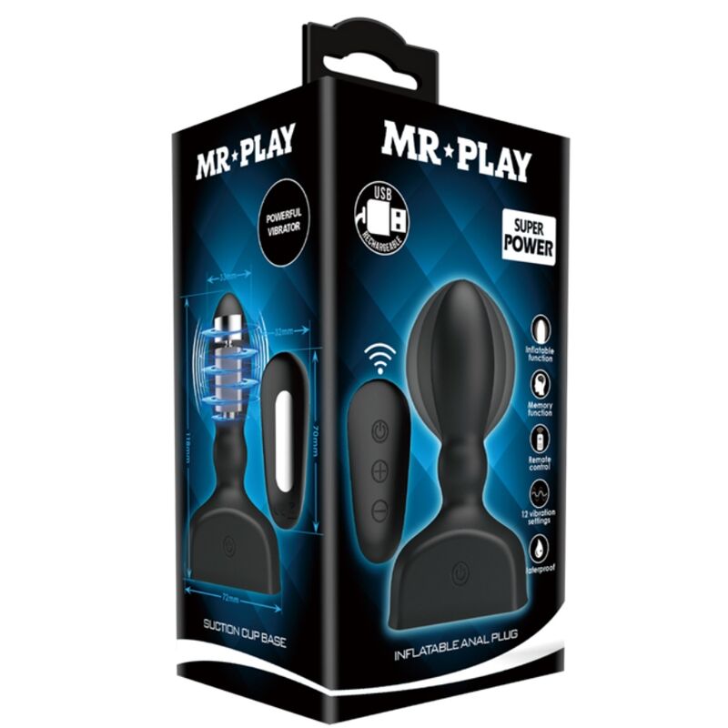 MR PLAY Plug Anal Inflável Preto com Controle Remoto e Função Multivibração