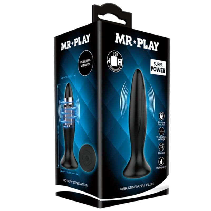 MR PLAY Plug Anal Vibrador Recarregável Preto com 12 Modos de Vibração