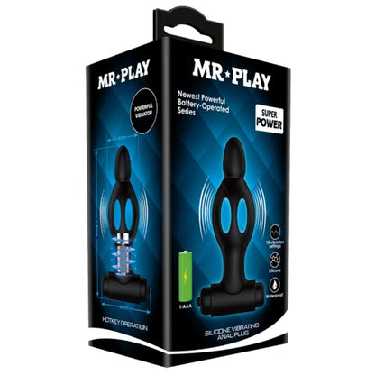 MR PLAY Plug Anal Vibratório de Silicone com 10 Modos, mostrando seu design ergonômico e material.