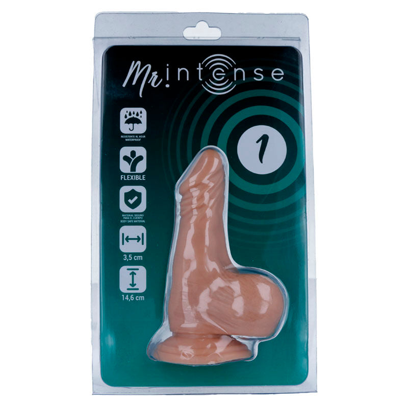 Close-up do Dildo Realista MR INTENSE 14.6 cm, mostrando sua textura suave e ventosa.
