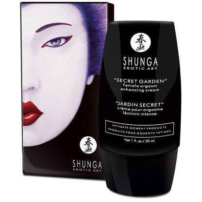 Embalagem do SHUNGA Creme de Orgasmo Feminino Intenso Jardim Secreto 30ml, creme estimulante para prazer feminino.