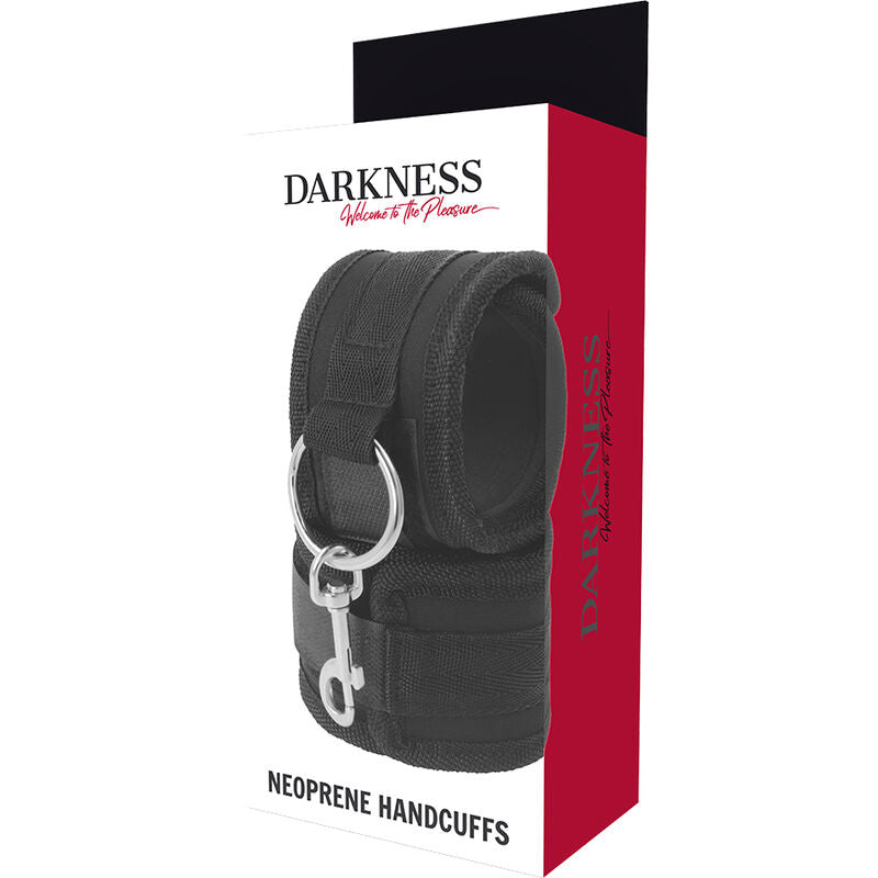 Darkness Algemas de Neoprene Ajustáveis com Forro Macio para BDSM, detalhe da textura e fecho.