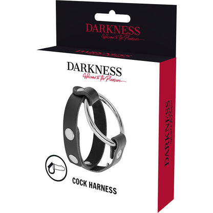 Anel peniano e testicular Darkness em metal e couro sintético ajustável para BDSM.