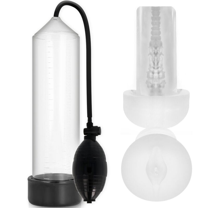Close-up of the PUMP ADDICTED Bomba de Vácuo Peniana RX3 Transparente com Manga de Prazer showing its features.