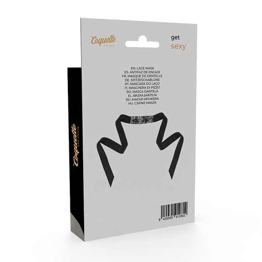 Coquette Chic Desire Máscara de Renda Preta com Fita, detalhe do tecido e design.