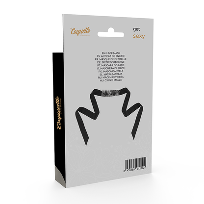 Coquette Chic Desire Máscara de Renda Preta com Fita, detalhe do tecido e design.