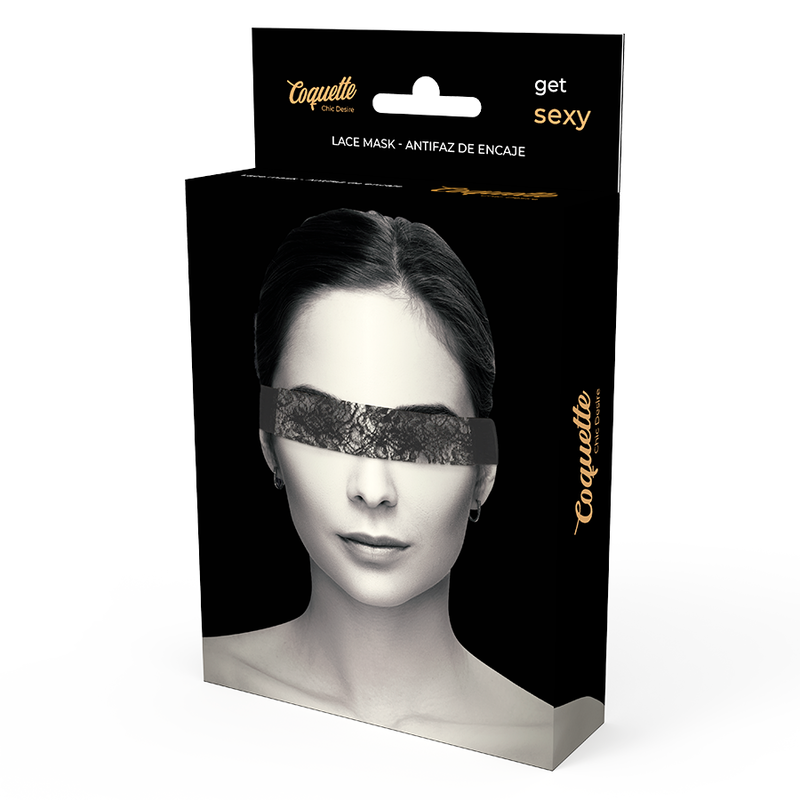 Coquette Chic Desire Máscara de Renda Preta com Fita, detalhe do tecido e design.