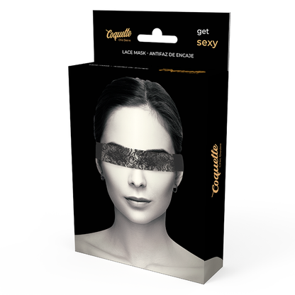 Coquette Chic Desire Máscara de Renda Preta com Fita, detalhe do tecido e design.