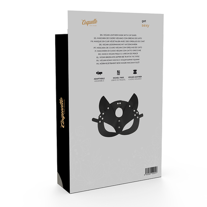 Máscara Coquette Chic Desire de couro vegano preto com orelhas de gato, para um look sensual e misterioso.