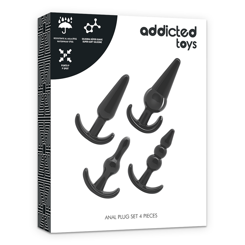 Close-up do Conjunto 4 Plugs Anais da Addicted Toys, mostrando os diferentes tamanhos e a flexibilidade do material.