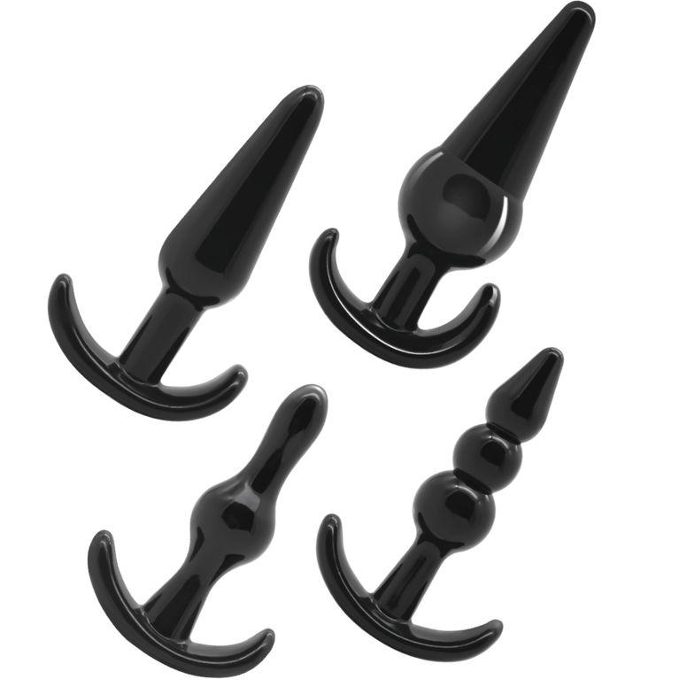 Close-up do Conjunto 4 Plugs Anais da Addicted Toys, mostrando os diferentes tamanhos e a flexibilidade do material.