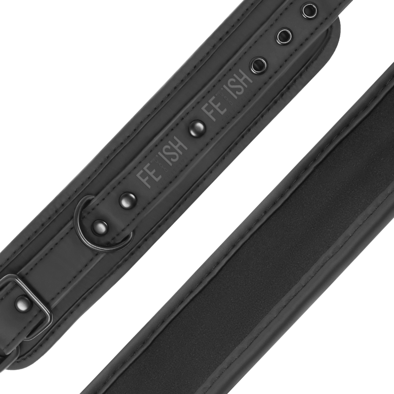 Close-up of the FETISH SUBMISSIVE Vegan Leather Cuffs with Neoprene Lining, ideal for BDSM and bondage, showcasing its texture and features.