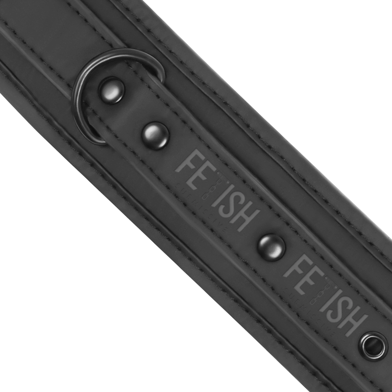 Close-up of the FETISH SUBMISSIVE Vegan Leather Cuffs with Neoprene Lining, ideal for BDSM and bondage, showcasing its texture and features.