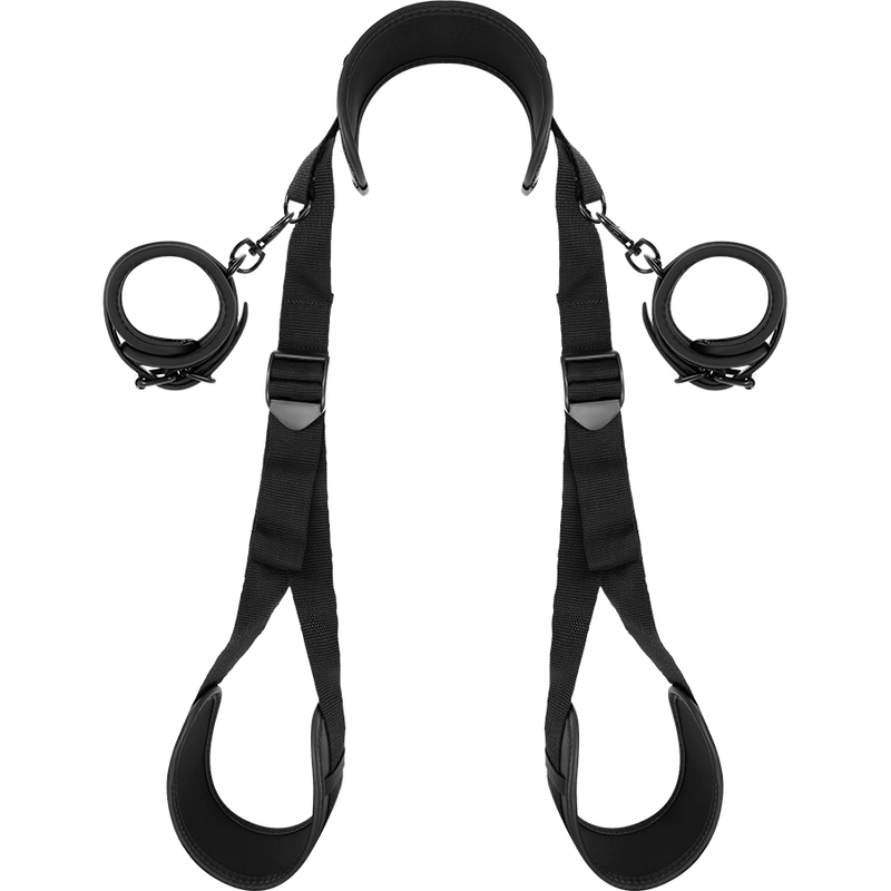 Conjunto Fetish Submissive de restrições de pernas abertas com algemas de neoprene e arnês de pescoço para BDSM.