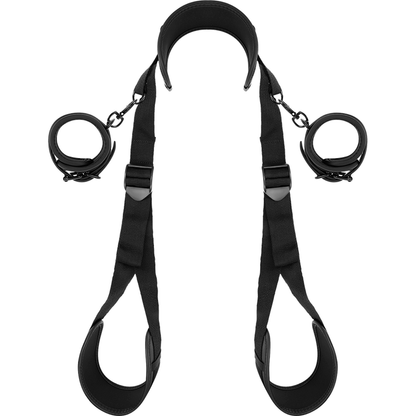 Conjunto Fetish Submissive de restrições de pernas abertas com algemas de neoprene e arnês de pescoço para BDSM.