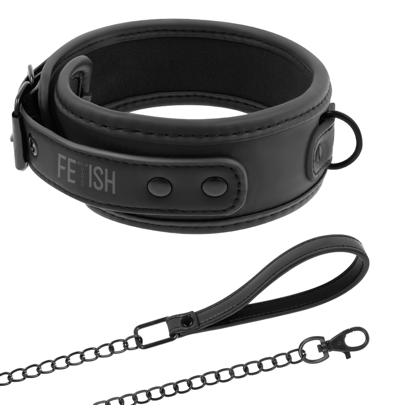 Close-up do Colar de Corrente Fetish Submissive com Forro de Neoprene e detalhe do anel.