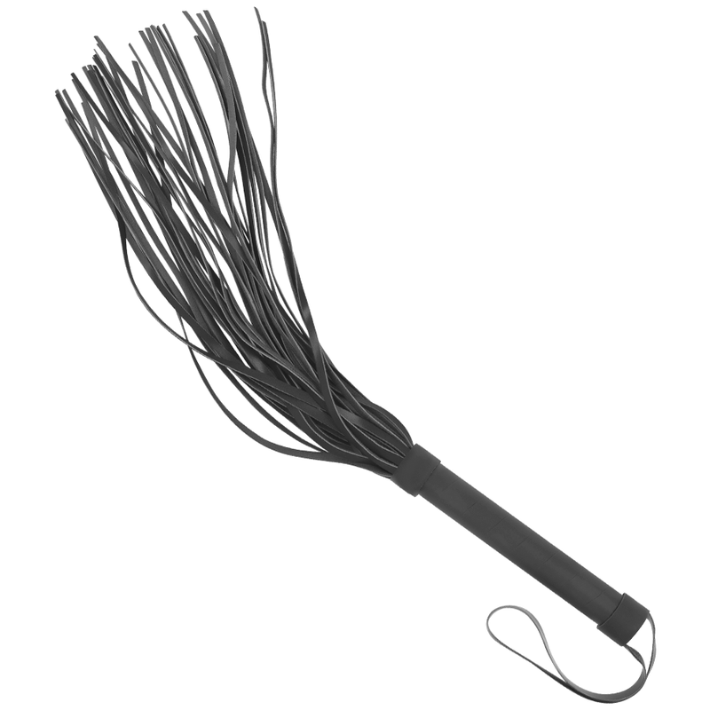 Close-up do chicote de couro vegano FETISH SUBMISSIVE, mostrando suas tiras macias e cabo ergonômico para jogos BDSM e fetiche.