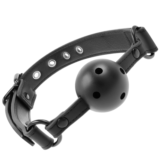 Close-up da Mordaça Vegana Respirável Fetish Submissive, mostrando o design ajustável e a bola para BDSM.