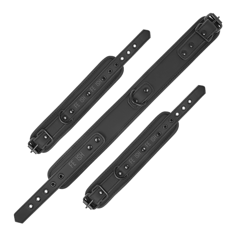 Conjunto Fetish Submissive de colar e algemas em couro vegano com forro de neopreno para BDSM.