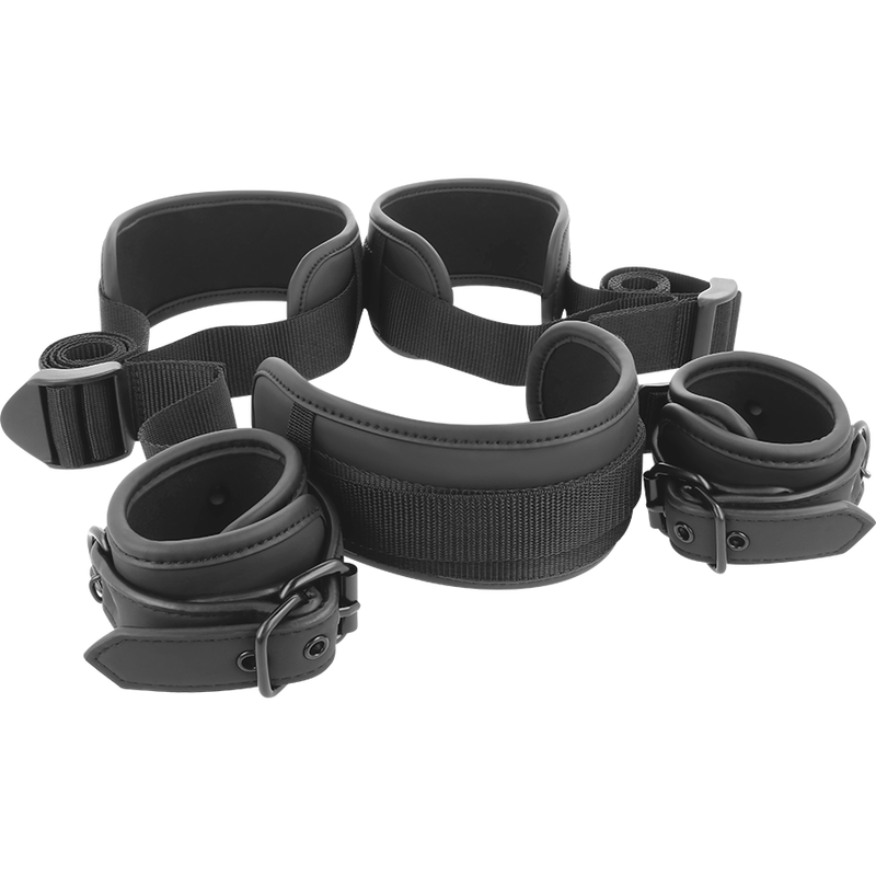 Conjunto Posição Mestre FETISH SUBMISSIVE com 4 algemas e arnês de neoprene e couro vegano.