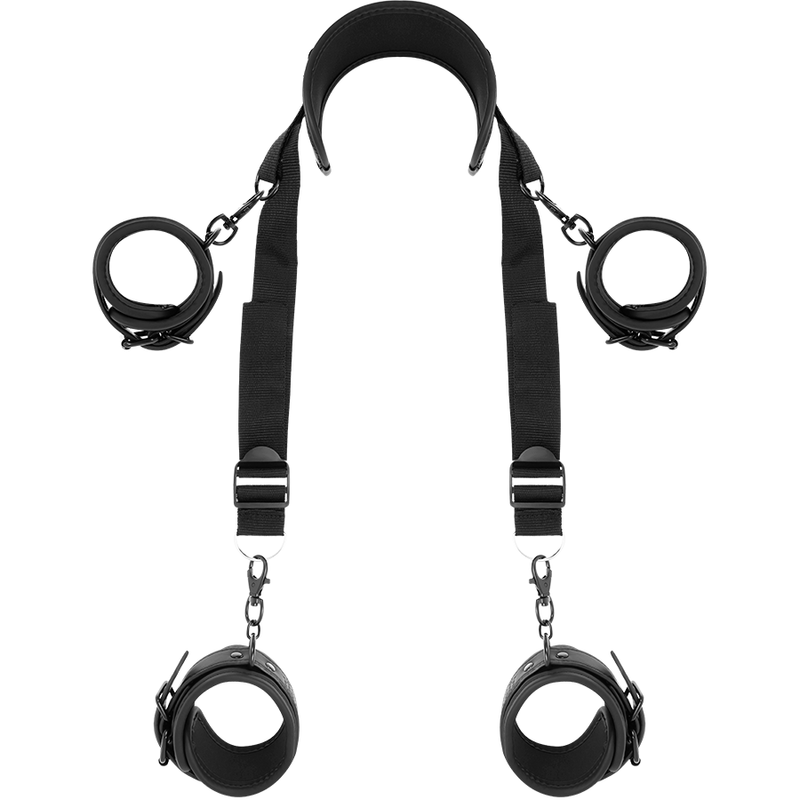 Conjunto Posição Mestre FETISH SUBMISSIVE com 4 algemas e arnês de neoprene e couro vegano.