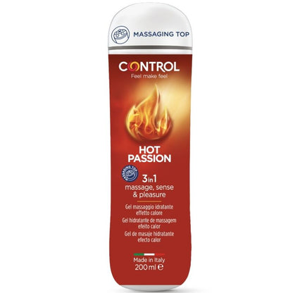Embalagem do CONTROL Gel Lubrificante 3 em 1 Quente 200ml, destacando suas funções e efeito térmico.