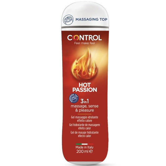 Embalagem do CONTROL Gel Lubrificante 3 em 1 Quente 200ml, destacando suas funções e efeito térmico.