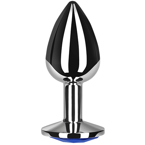 Close-up do plug anal metálico azul SECRETPLAY S, ideal para iniciantes.