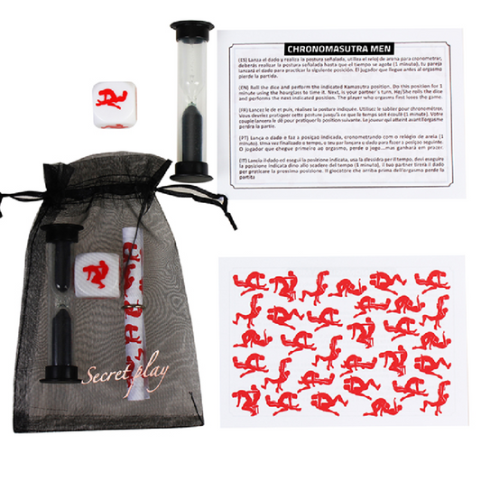 Kit de jogo erótico SECRETPLAY Chronomasutra Play Gay com dado, ampulheta e instruções.