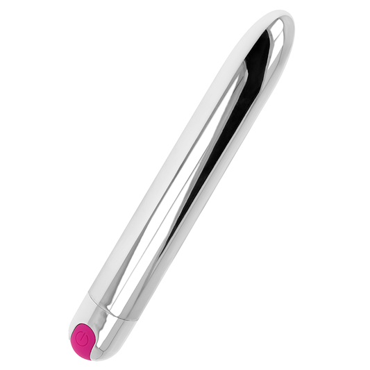 Close-up do OHMAMA Vibrador Recarregável Prata com 10 Modos, mostrando seu design metálico e forma ergonómica.