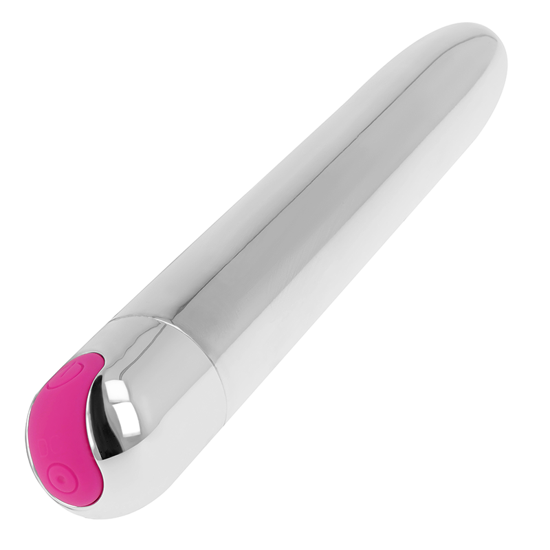 Close-up do OHMAMA Vibrador Recarregável Prata com 10 Modos, mostrando seu design metálico e forma ergonómica.
