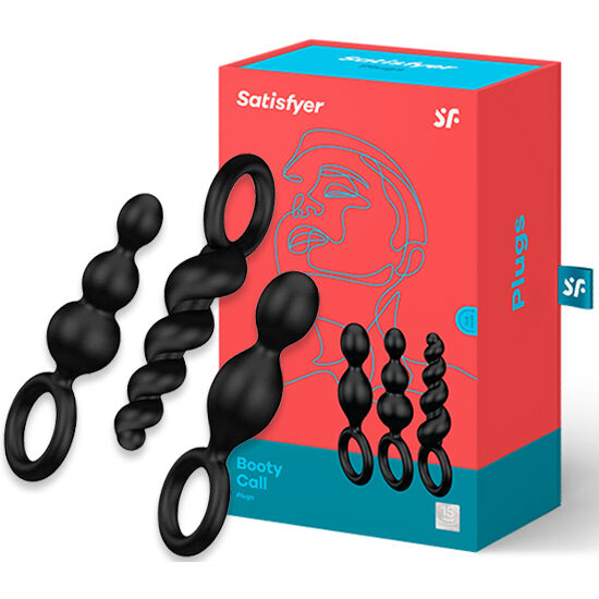Conjunto Satisfyer de 3 Plugs Anais Pretos em silicone, mostrando os diferentes tamanhos e a textura suave.