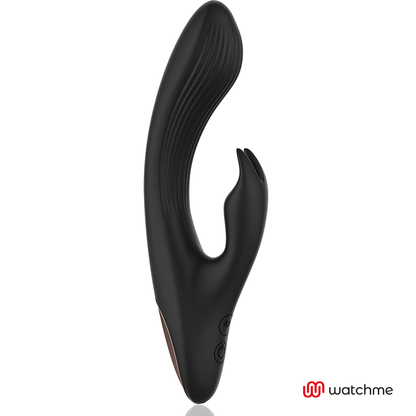 Close-up do Vibrador Rabbit ANNE'S DESIRE WatchMe Preto/Ouro, mostrando seu design elegante e textura em silicone médico.