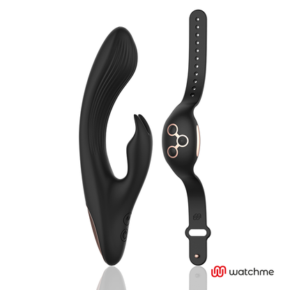 Close-up do Vibrador Rabbit ANNE'S DESIRE WatchMe Preto/Ouro, mostrando seu design elegante e textura em silicone médico.