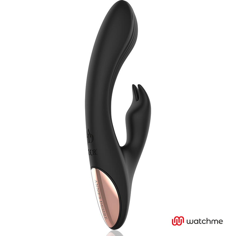 Close-up do Vibrador Rabbit ANNE'S DESIRE WatchMe Preto/Ouro, mostrando seu design elegante e textura em silicone médico.
